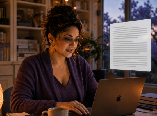 Woman working at her laptop late at night with a flat, generic block of text floating on the screen — representing AI output that doesn't sound like her own voice"