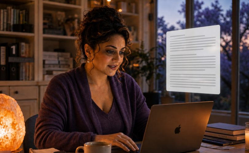 Woman working at her laptop late at night with a flat, generic block of text floating on the screen — representing AI output that doesn't sound like her own voice"
