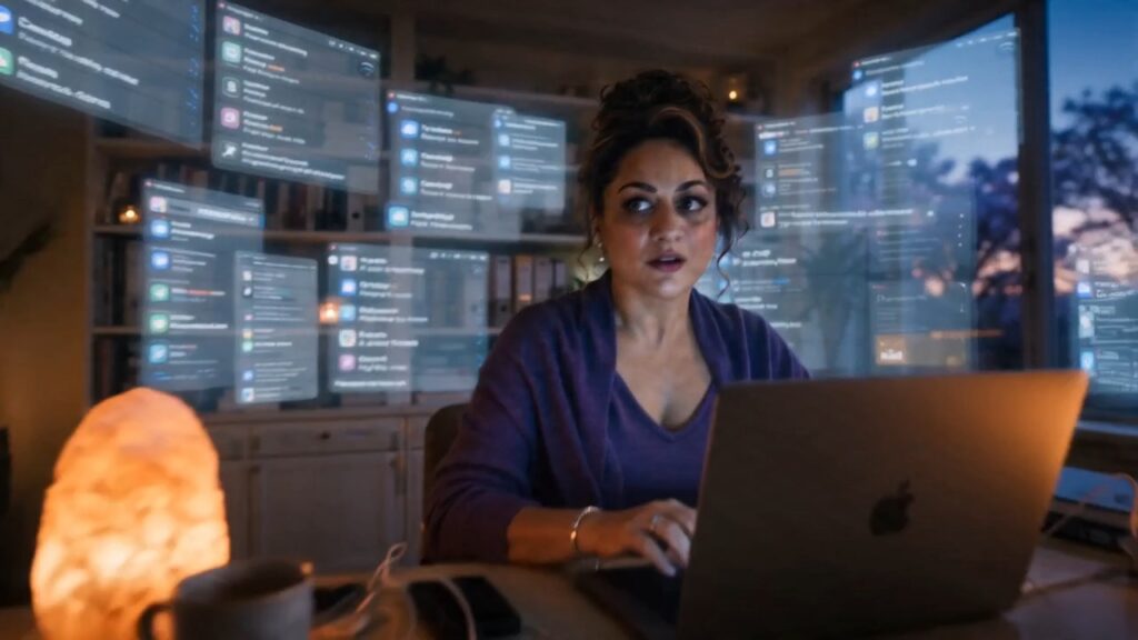 A founder looks overwhelmed and startled surrounded by dense, scattered digital notification windows and browser tabs — representing AI tool overload before a nervous-system-first approach to AI strategy.