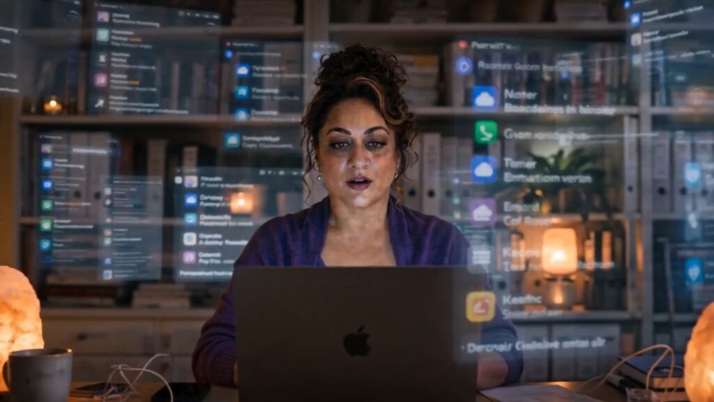 Founder sitting at her desk late at night, overwhelmed by scattered AI app notifications and open tabs floating around her — representing the AI clarity gap.