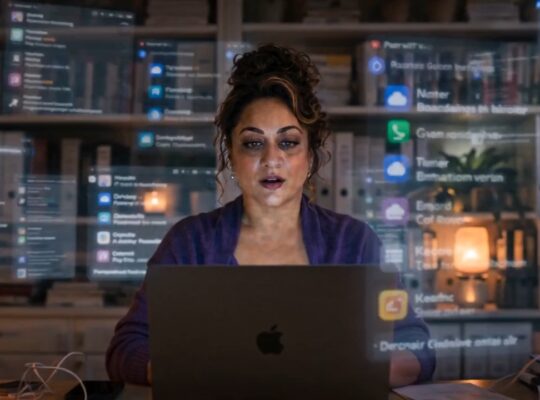 Founder sitting at her desk late at night, overwhelmed by scattered AI app notifications and open tabs floating around her — representing the AI clarity gap.