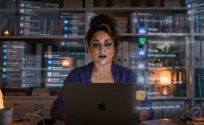 Founder sitting at her desk late at night, overwhelmed by scattered AI app notifications and open tabs floating around her — representing the AI clarity gap.
