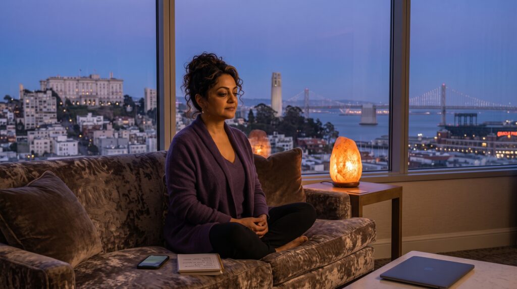 Woman sitting on a hotel couch overlooking San Francisco at night, city skyline and bay bridge in the distance, working on a laptop