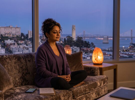 Woman sitting on a hotel couch overlooking San Francisco at night, city skyline and bay bridge in the distance, working on a laptop