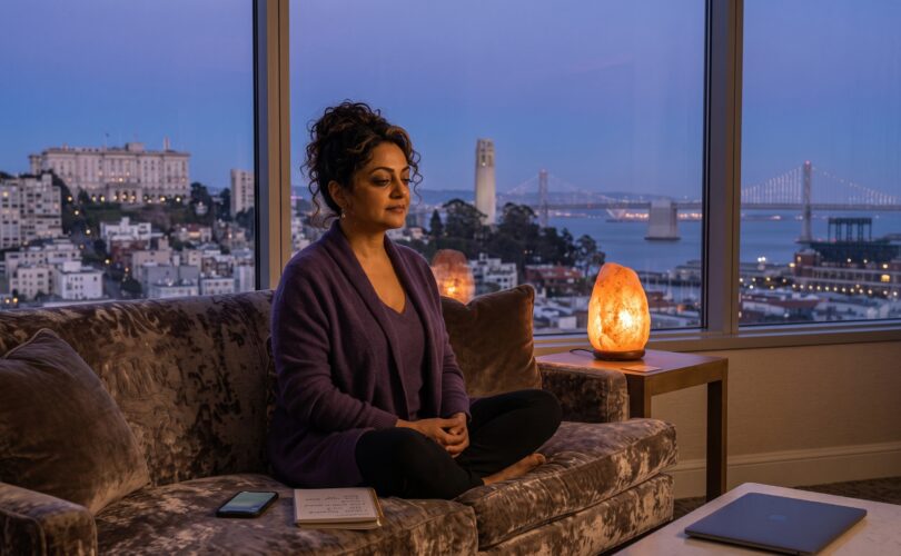 Woman sitting on a hotel couch overlooking San Francisco at night, city skyline and bay bridge in the distance, working on a laptop