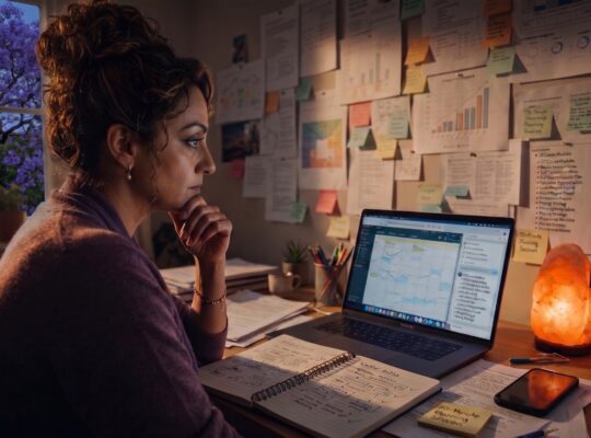 Woman at a cluttered home desk covered in sticky notes and course outlines, thoughtful expression, salt lamp glowing beside her laptop