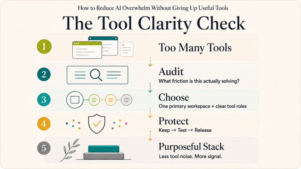 A four-step AI tool decision framework: Too Many Tools, Audit, Choose, Protect, leading to a Purposeful Stack with less tool noise and more signal.