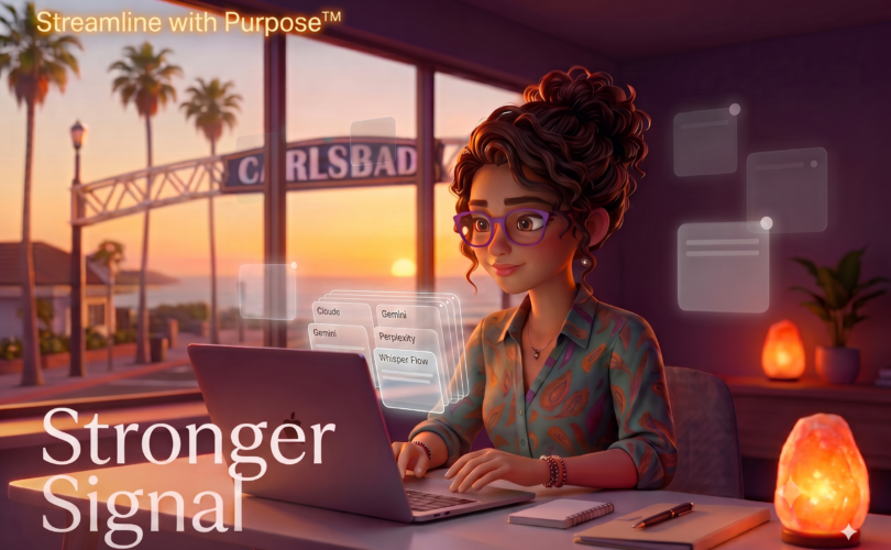Illustration of a founder at her laptop with a small, intentional stack of AI tool cards while unnecessary tools fade away; text reads “Streamline with Purpose™” and “Stronger Signal.”