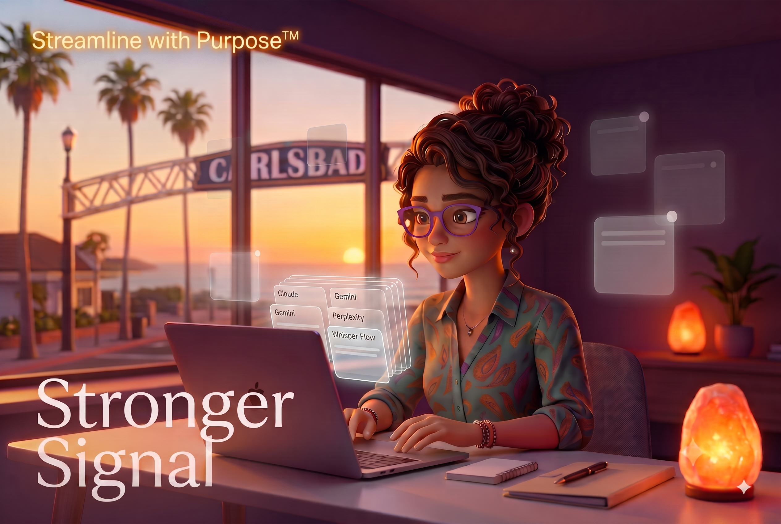 Illustration of a founder at her laptop with a small, intentional stack of AI tool cards while unnecessary tools fade away; text reads “Streamline with Purpose™” and “Stronger Signal.”