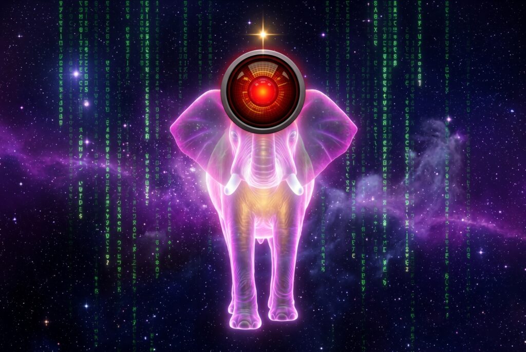Glowing elephant holding a red HAL-inspired light against a Matrix-inspired digital background