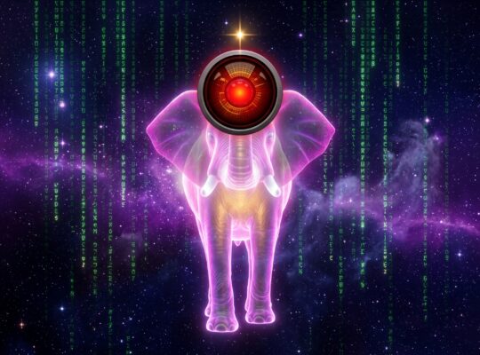 Glowing elephant holding a red HAL-inspired light against a Matrix-inspired digital background
