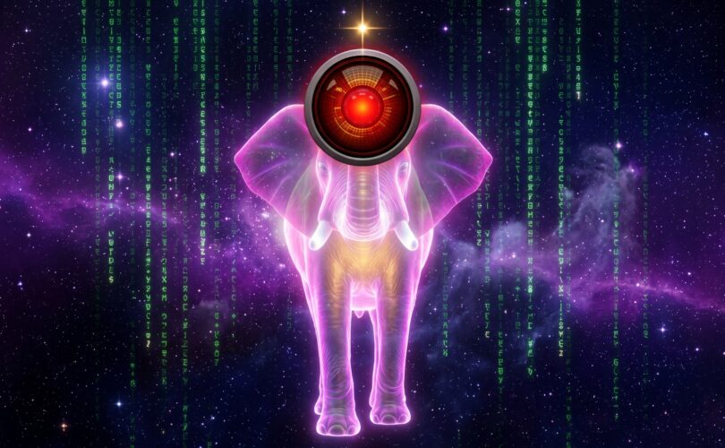 Glowing elephant holding a red HAL-inspired light against a Matrix-inspired digital background