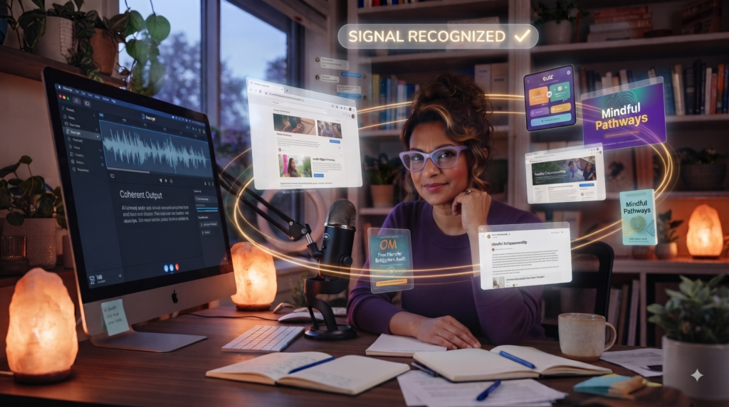 Woman in purple glasses at her home podcast studio, calm and clear, her once-scattered work — podcast, website, quiz, newsletter, book — now connected into one glowing signal, with an AI search bar showing a clear label and checkmark, illustrating a recognized personal brand signal.