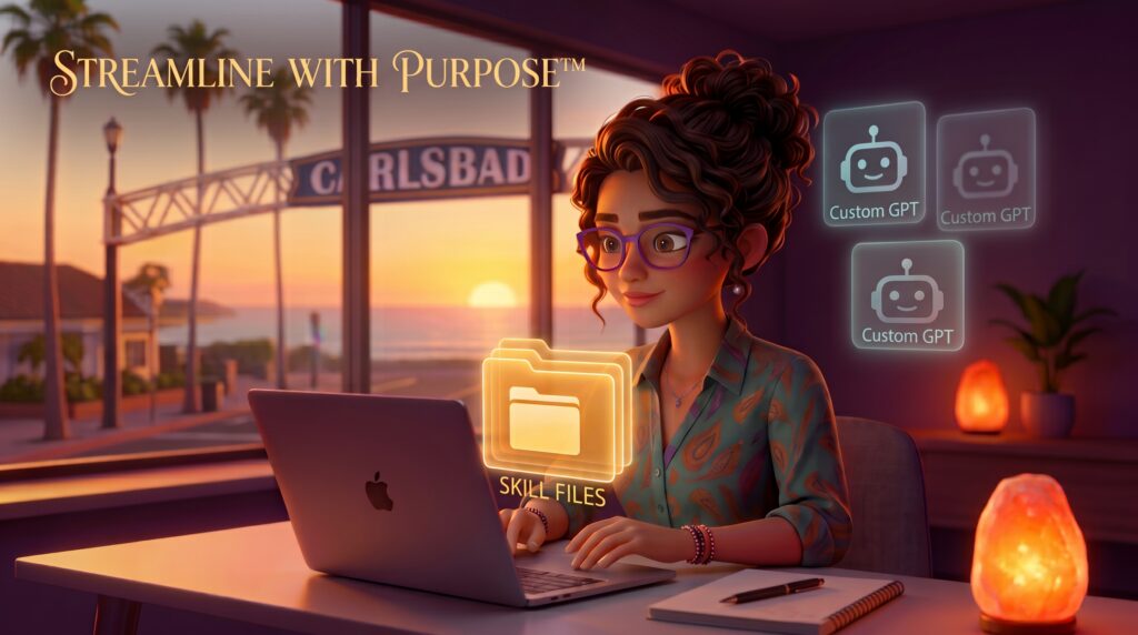 A calm founder at her laptop by a Carlsbad ocean window at sunset, holding a glowing amber stack of Skill files while three faint "Custom GPT" icons fade into the background.