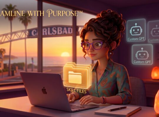 A calm founder at her laptop by a Carlsbad ocean window at sunset, holding a glowing amber stack of Skill files while three faint "Custom GPT" icons fade into the background.