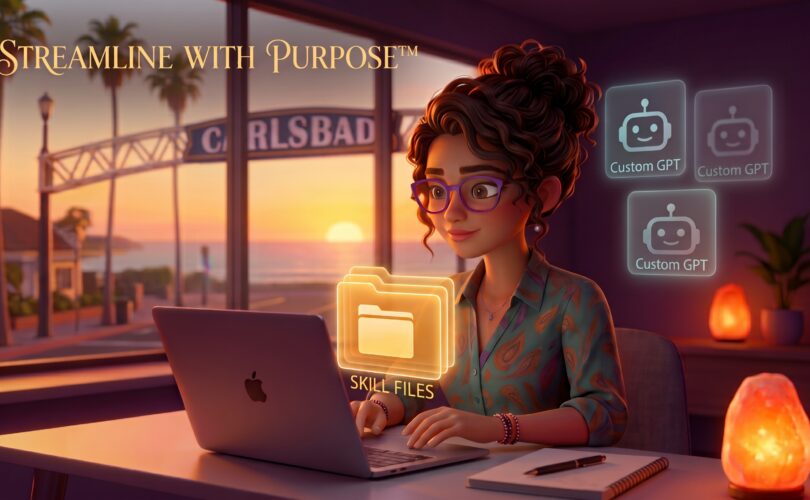 A calm founder at her laptop by a Carlsbad ocean window at sunset, holding a glowing amber stack of Skill files while three faint "Custom GPT" icons fade into the background.