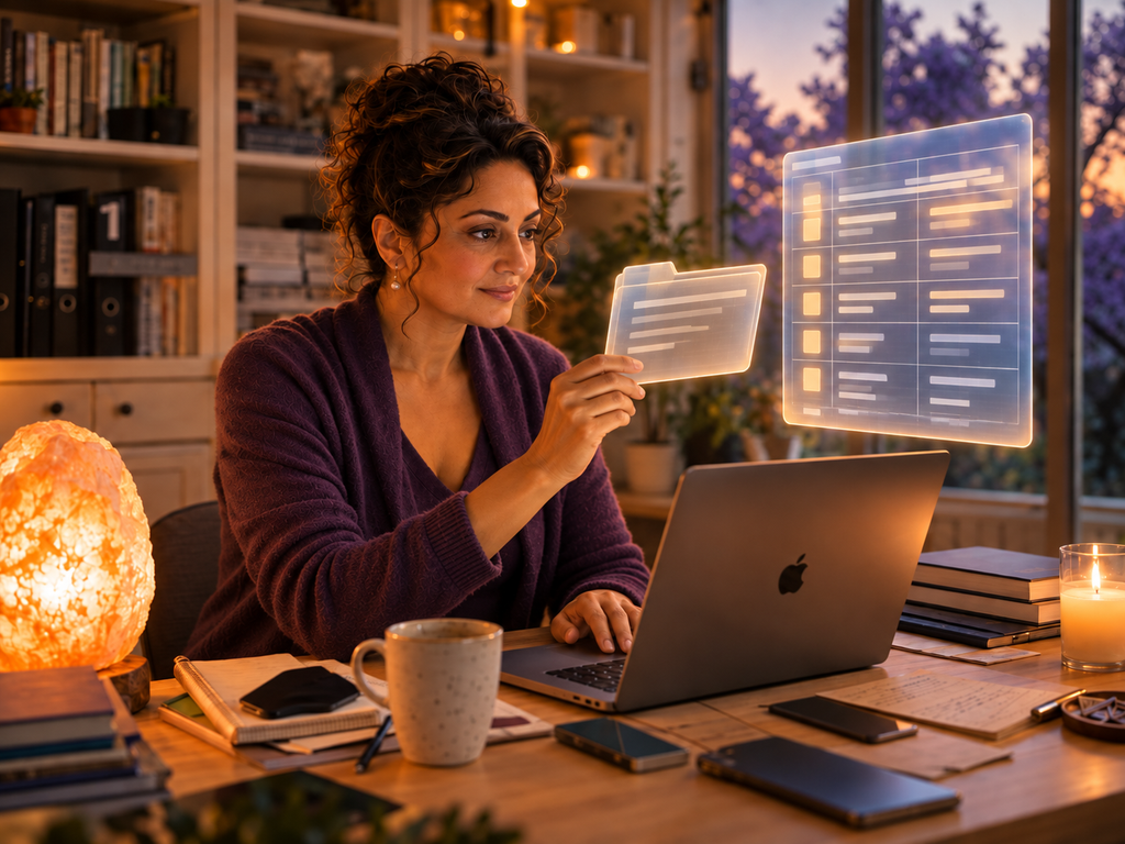 Woman at the same wood desk, calm and focused, checking one translucent file card against a larger master-list panel on screen — representing a single item verified against an independent source