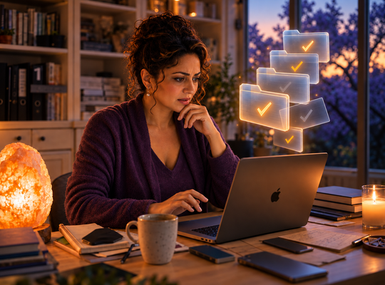 Woman at a wood desk in a home office, worried expression, looking at a laptop with translucent glowing folder icons overhead showing inconsistent checkmarks — some orange, some gray — representing unverified AI-extracted files