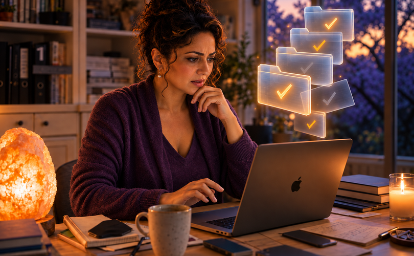 Woman at a wood desk in a home office, worried expression, looking at a laptop with translucent glowing folder icons overhead showing inconsistent checkmarks — some orange, some gray — representing unverified AI-extracted files