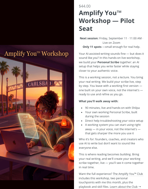 A founder writes by hand as AI amplifies her words into a glowing page in a warm Carlsbad sunset room — building a Personal Scribe in the Amplify You™ Workshop.