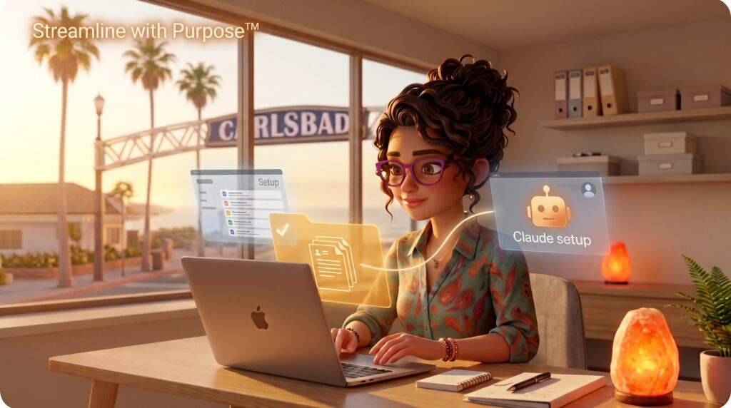 Illustration of a founder at her desk setting up a reusable Claude Project, with an organized files tile and a Claude assistant tile connected together