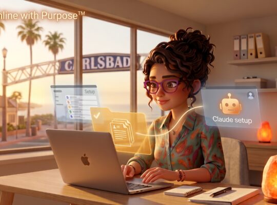 Illustration of a founder at her desk setting up a reusable Claude Project, with an organized files tile and a Claude assistant tile connected together