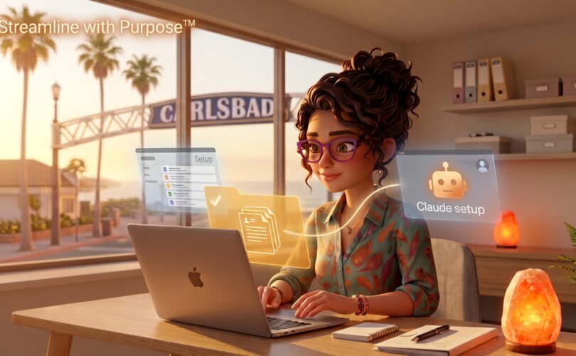 Illustration of a founder at her desk setting up a reusable Claude Project, with an organized files tile and a Claude assistant tile connected together