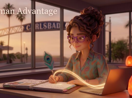 Illustration of a founder writing in her portfolio with a peacock-feather pen as golden light flows into her laptop, showing lived experience becoming authentic authority