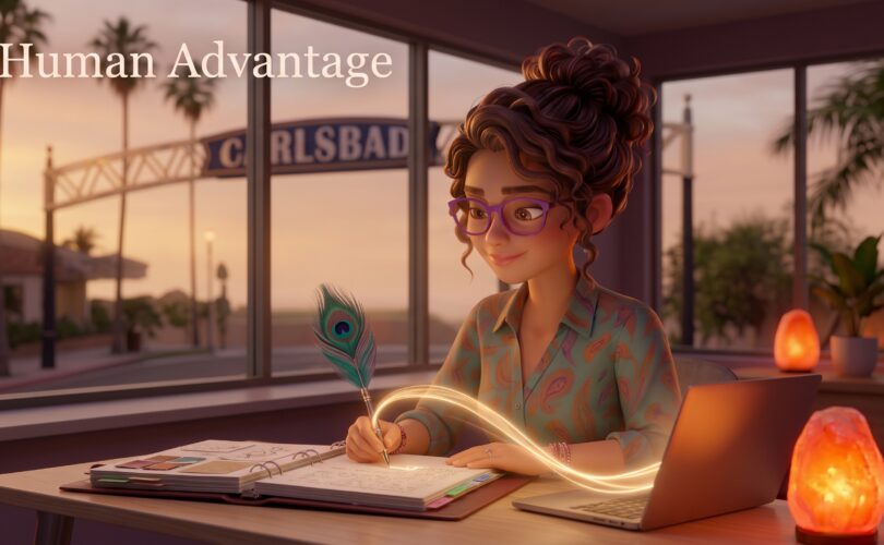 Illustration of a founder writing in her portfolio with a peacock-feather pen as golden light flows into her laptop, showing lived experience becoming authentic authority