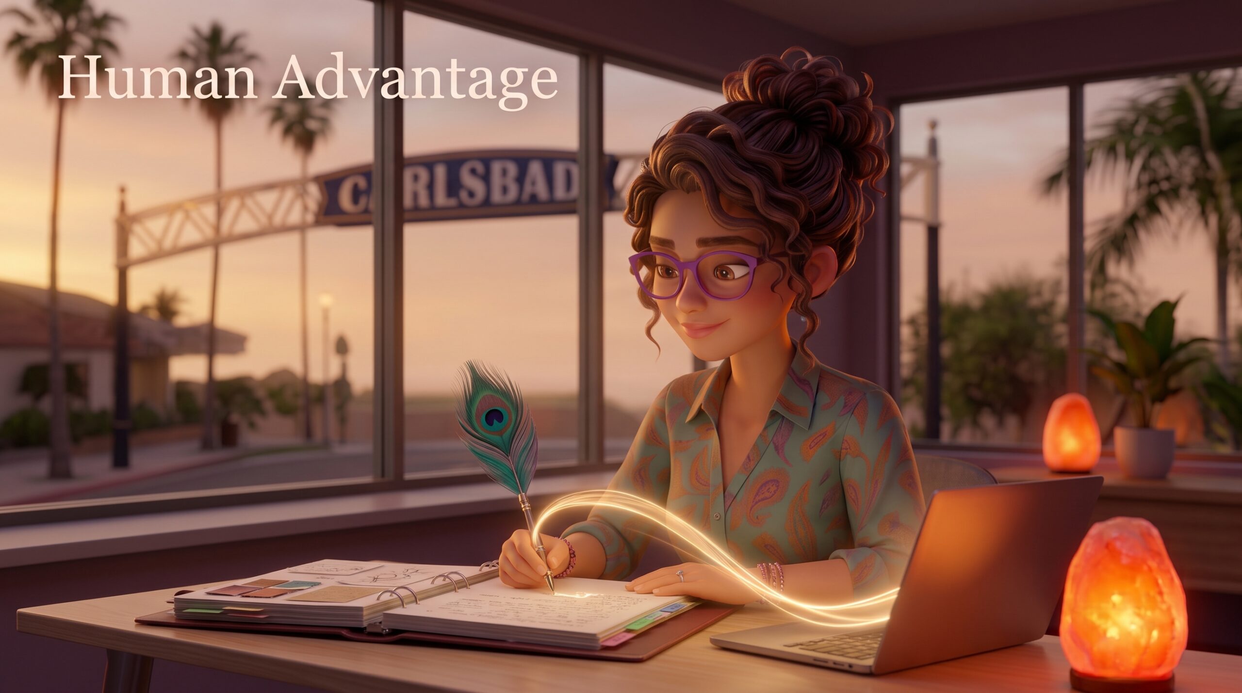 Illustration of a founder writing in her portfolio with a peacock-feather pen as golden light flows into her laptop, showing lived experience becoming authentic authority