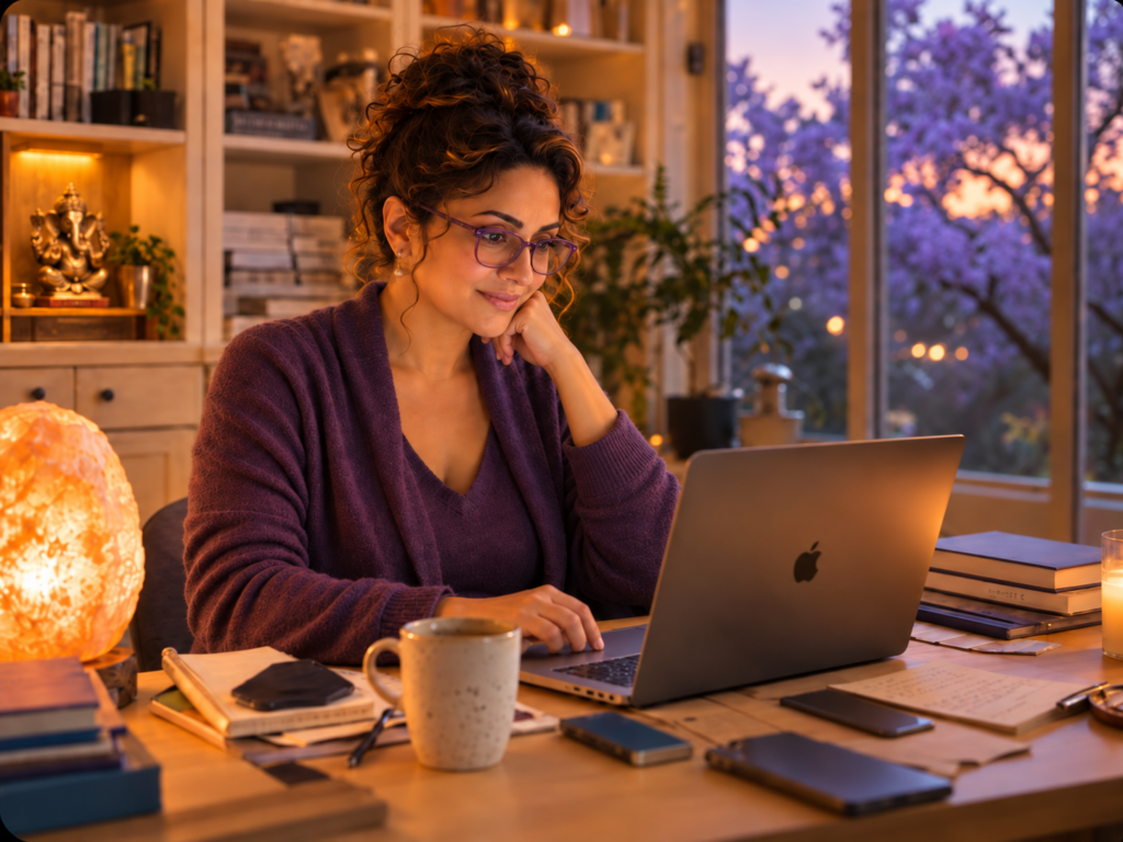 Same woman at the same desk in brighter morning light, relaxed and smiling as she works — settled in knowing which parts of the writing are still hers.