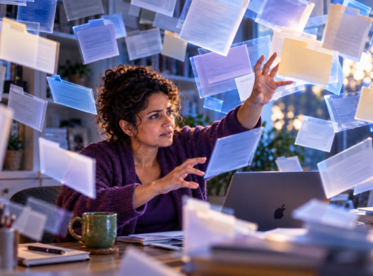Woman surrounded by floating file cards at her desk at night, overwhelmed while trying to consolidate hundreds of AI-extracted training files