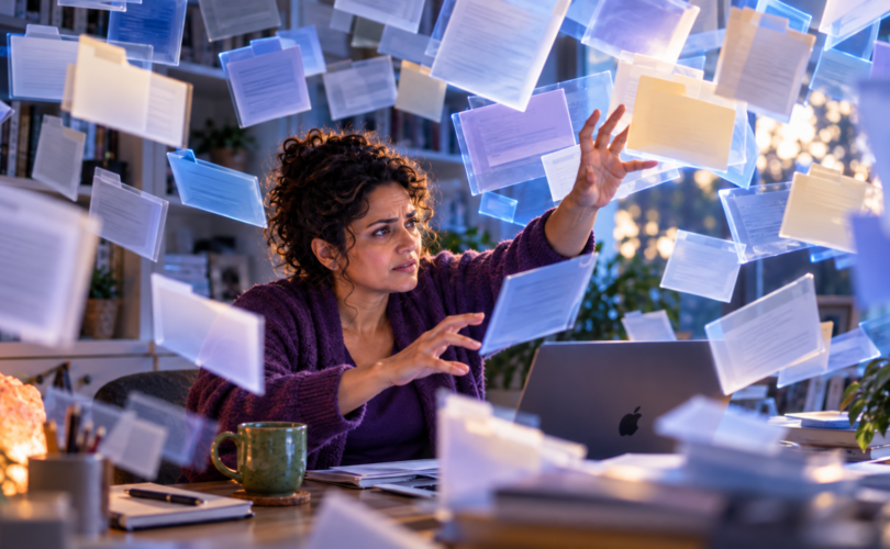 Woman surrounded by floating file cards at her desk at night, overwhelmed while trying to consolidate hundreds of AI-extracted training files
