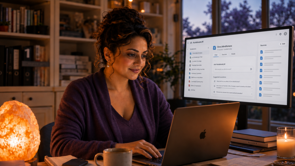 Shilpa Lewis at her desk, laptop open to an organized NotebookLM interface, calm and settled after turning decades of buried work into something findable again.