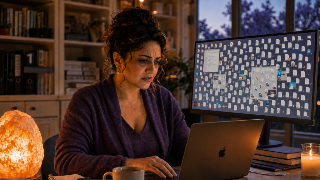 Shilpa Lewis at her desk, laptop open to a cluttered digital desktop, surrounded by years of scattered training material — before organizing it into evergreen, searchable notebooks.