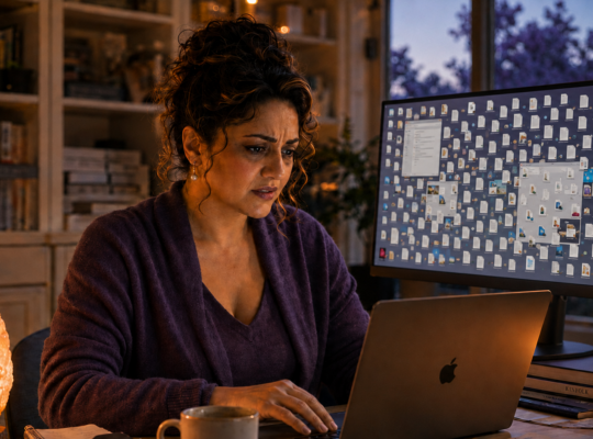 Shilpa Lewis at her desk, laptop open to a cluttered digital desktop, surrounded by years of scattered training material — before organizing it into evergreen, searchable notebooks.