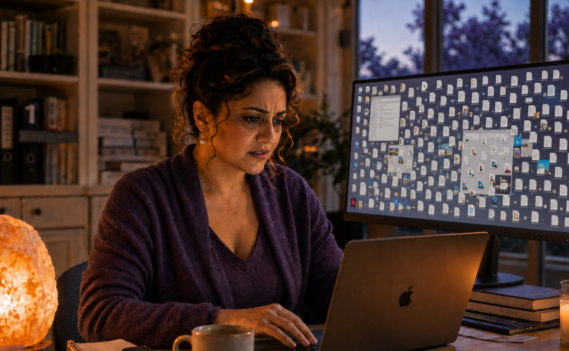 Shilpa Lewis at her desk, laptop open to a cluttered digital desktop, surrounded by years of scattered training material — before organizing it into evergreen, searchable notebooks.