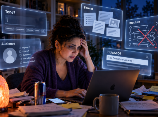Woman at a desk surrounded by five floating panels labeled Tone, Format, Audience, Structure, and Title/SEO, each showing unresolved marks like red X's and question marks — representing the scattered decisions standing between her and starting to write.