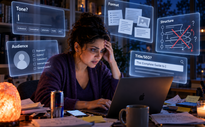 Woman at a desk surrounded by five floating panels labeled Tone, Format, Audience, Structure, and Title/SEO, each showing unresolved marks like red X's and question marks — representing the scattered decisions standing between her and starting to write.