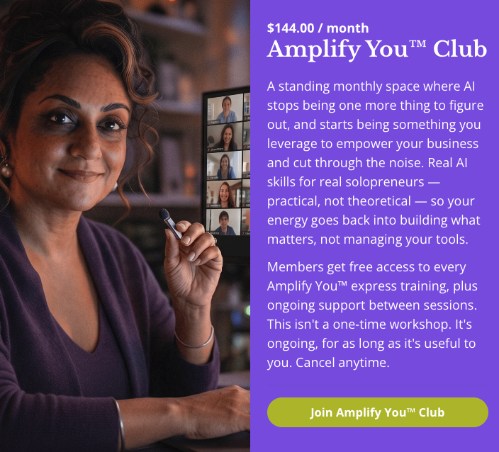 Amplify You Club membership card — $144/month, with Shilpa Lewis on a video call with community members, offering monthly AI workshops and ongoing support for solopreneurs