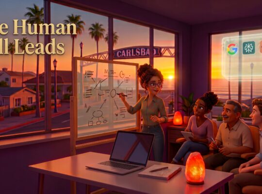 A founder stands teaching at a transparent glass board, collaborating with a small group in a warm Carlsbad sunset room while AI tools glow subtly in the background — the human still leads.
