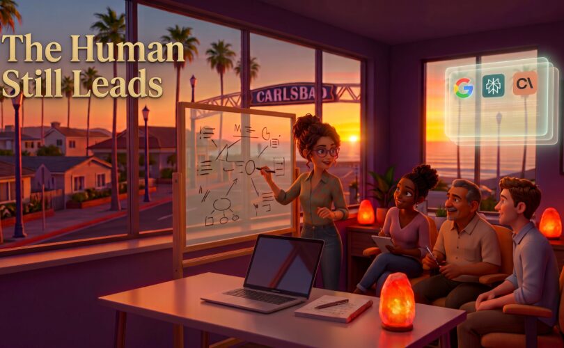 A founder stands teaching at a transparent glass board, collaborating with a small group in a warm Carlsbad sunset room while AI tools glow subtly in the background — the human still leads.