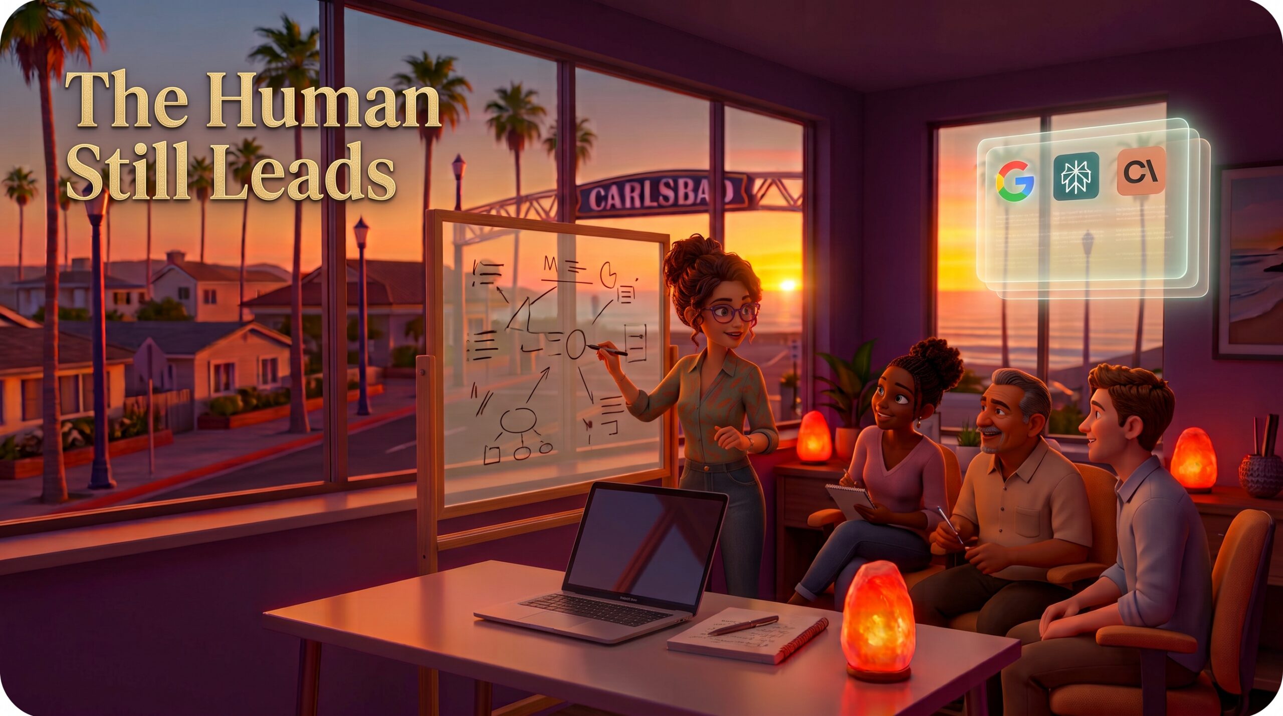 A founder stands teaching at a transparent glass board, collaborating with a small group in a warm Carlsbad sunset room while AI tools glow subtly in the background — the human still leads.