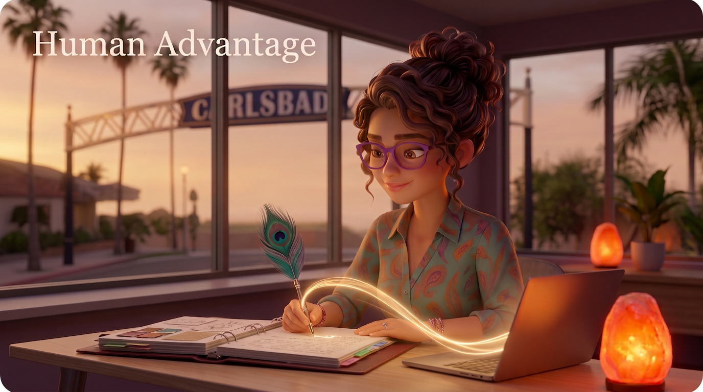 Turn Lived Expertise Into Authority — Human Advantage Illustration of a founder writing in her portfolio with a peacock-feather pen as golden light flows into her laptop, showing lived experience becoming authentic authority