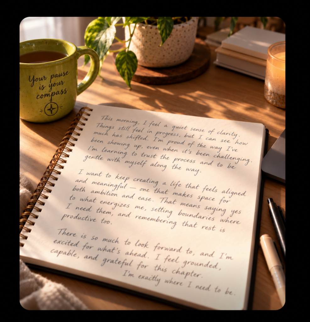 Same notebook and desk, now open to a page of real flowing handwritten paragraphs reflecting on growth and clarity, with warm light landing on the page