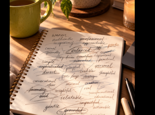 Open notebook with overlapping handwritten descriptive words like warm, poetic, professional, and direct crossed out and tangled together on a wooden desk with coffee and a plant