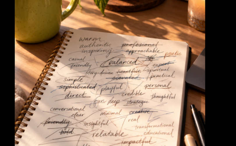 Open notebook with overlapping handwritten descriptive words like warm, poetic, professional, and direct crossed out and tangled together on a wooden desk with coffee and a plant