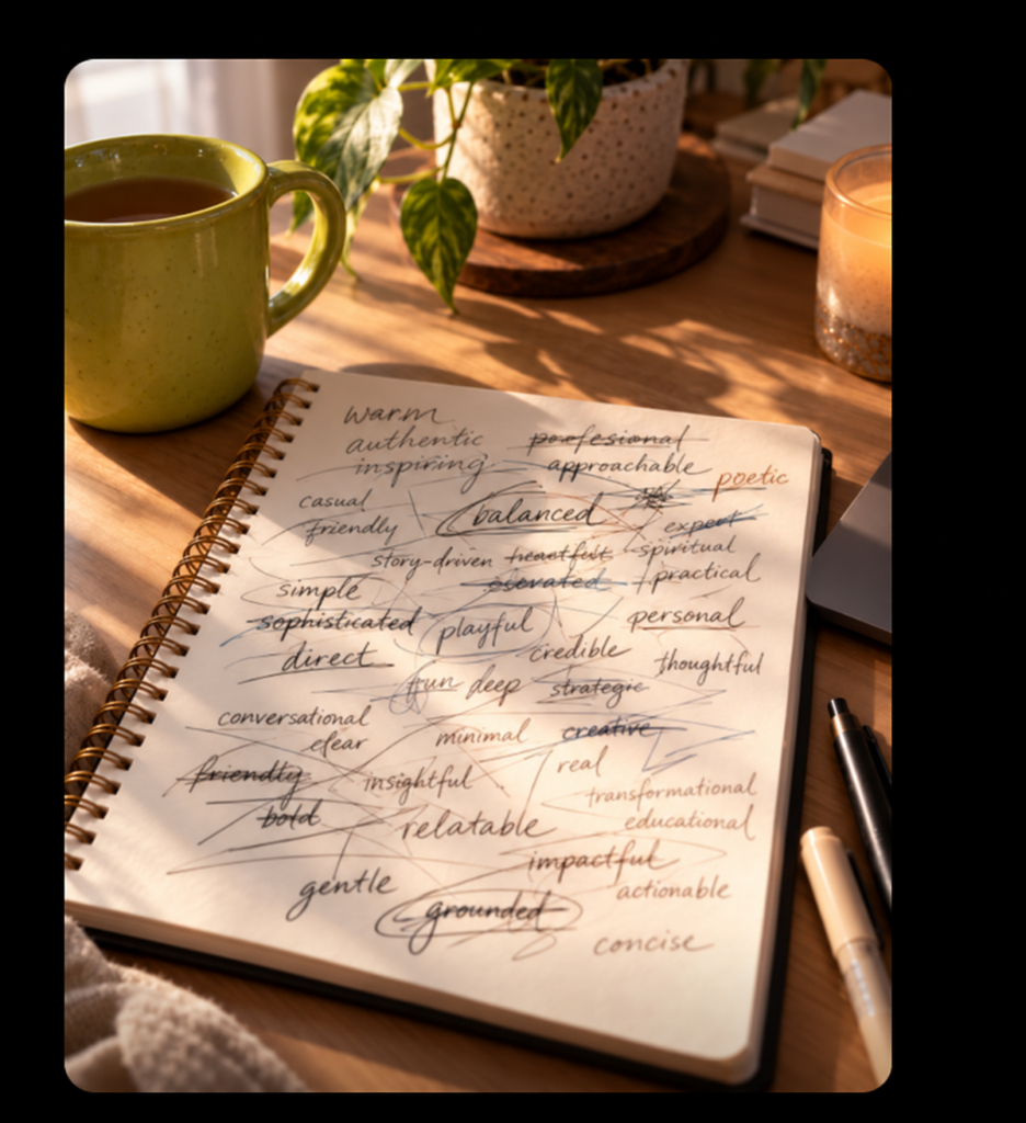 Open notebook with overlapping handwritten descriptive words like warm, poetic, professional, and direct crossed out and tangled together on a wooden desk with coffee and a plant